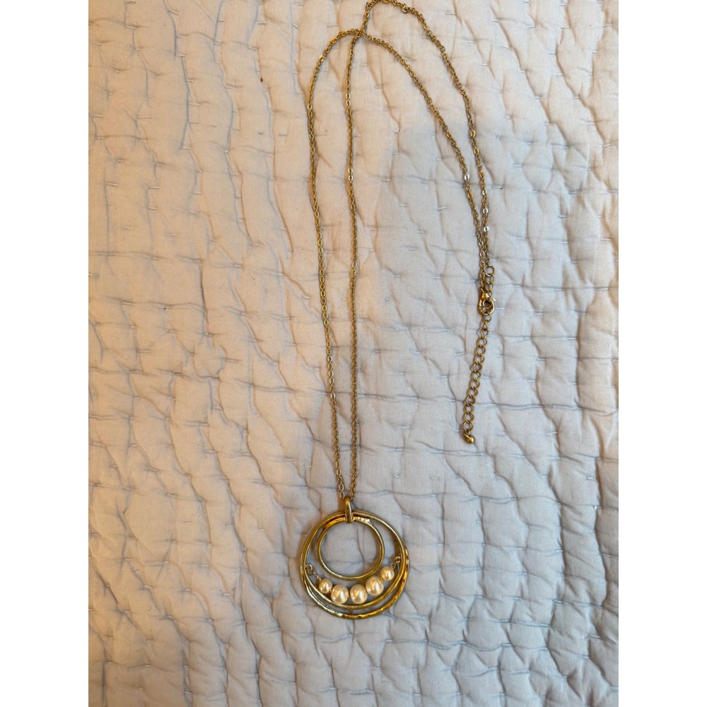 Gold Tone Triple Hoop Faux Pearl Pendant Long Chain Necklace Bohemian Style
